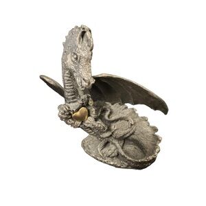 Vintage DRAGON HEART Pewter Dragon with Gold Heart Pewter Figurine D&D.